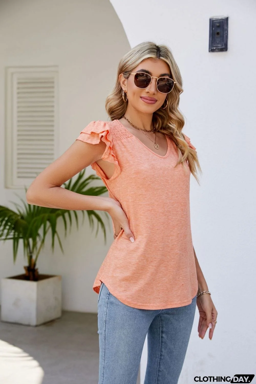 Smocked Flutter Sleeve V-Neck Top