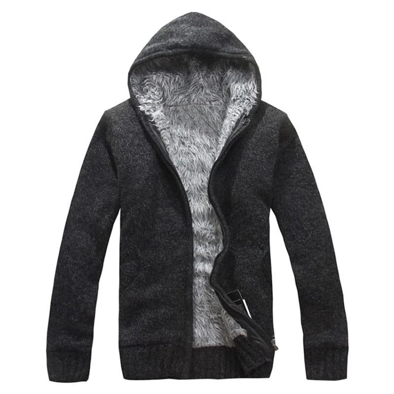Huiketi Winter Men's Thick Sweatercoat Collar Zipper Sweater Coat Outerwear Winter Fleece Cashmere Liner SweatersTurn-down Collar
