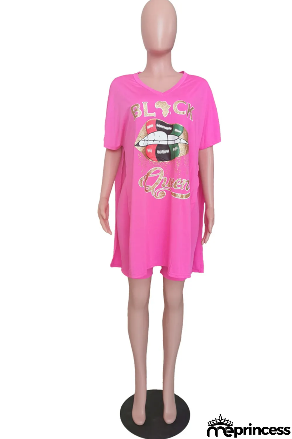 Rose Red Fashion Casual Letter Lips Printed Slit V Neck Two Pieces