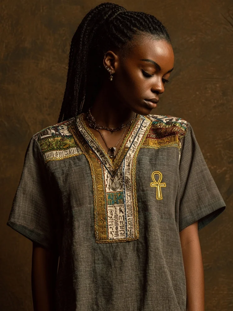 Ancient Egyptian Ankh Embroidered Cozy Linen Shirt