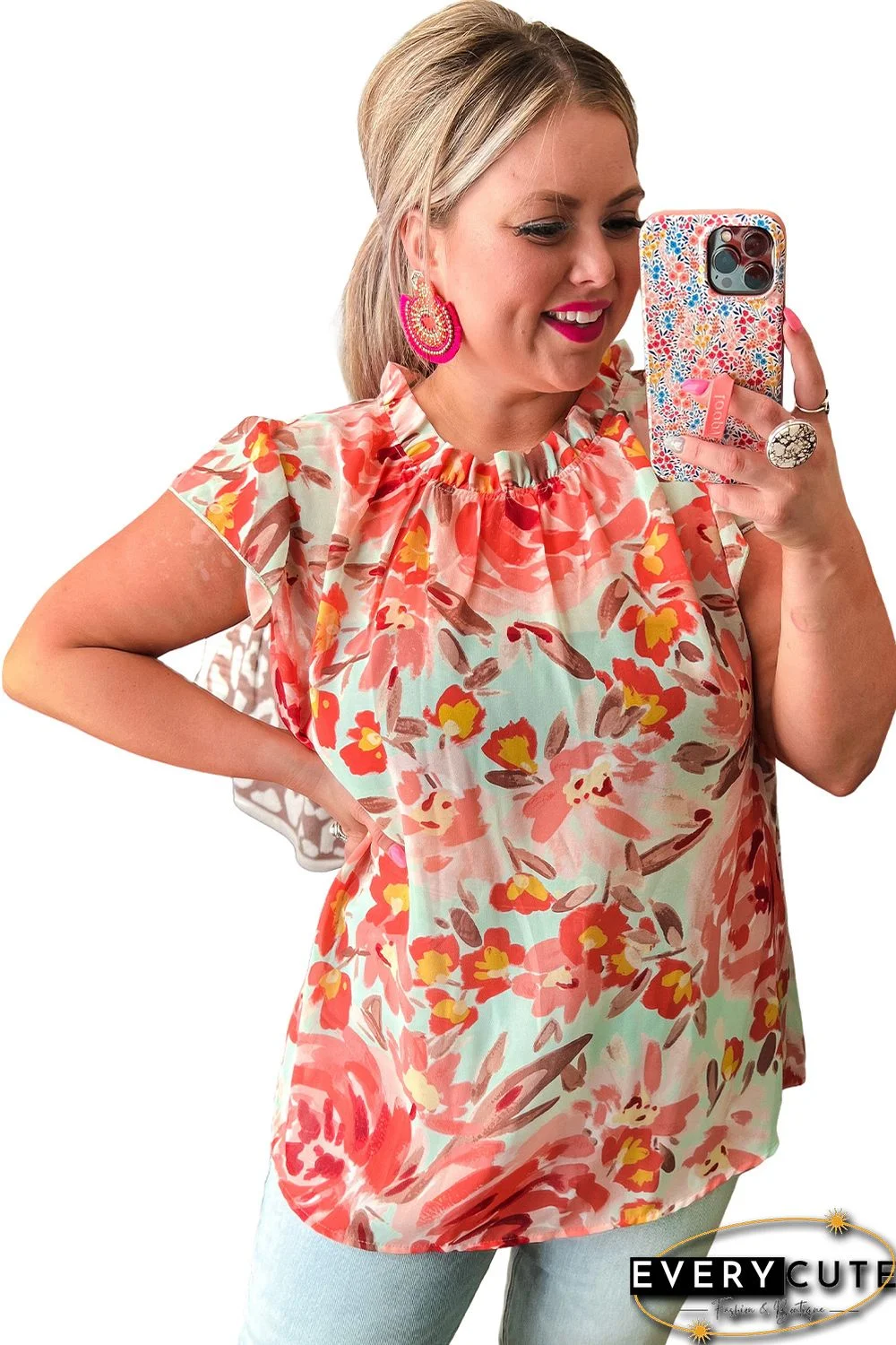 Red Plus Size Watercolor Floral Print Frill Neck Blouse