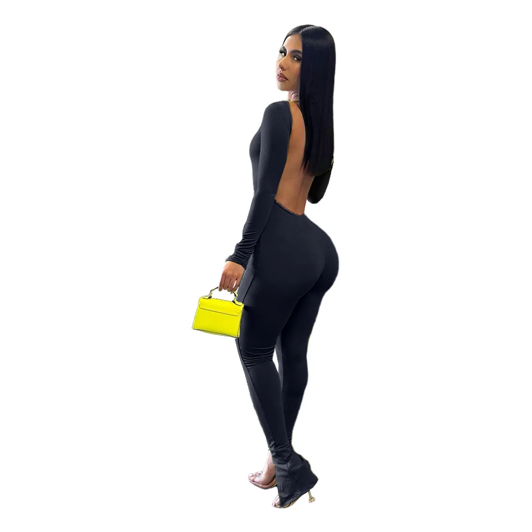Women's Sexy Tight Solid Color Backless Small Horn Jumpsuit