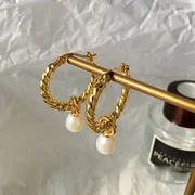 Gold Color Round Circle Twisted Hoop Earrings for Women  Fashion Pearl Pendant Dangle Earrings Temperament Jewelry Gift