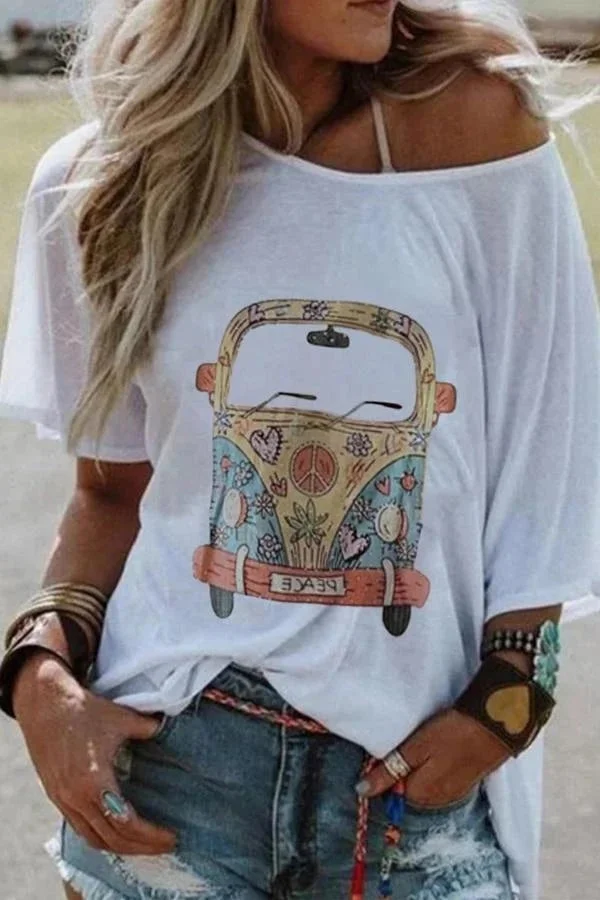 Bus Printed Short Sleeve One Shoulder T-Shirt