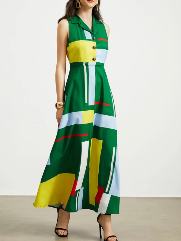 Lapel Elegant Geometric Rules Sleeveless Waist Maxi Dress