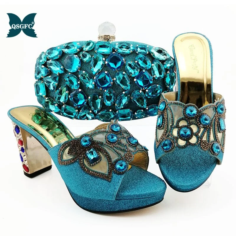 2020 Fashion Italian design Ladies Shoes with Matching Bags African Nigerian Women Wedding Shoes and Bag Set in Sky Blue Color