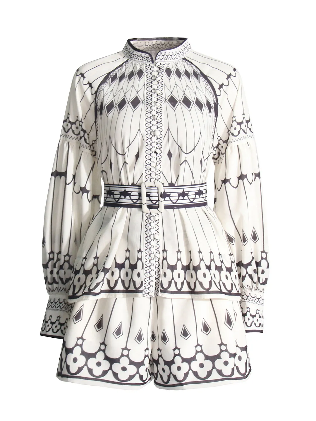Brownm Holiday Leisure Wind 2025 Spring New Fashion Design Collar Lantern Sleeve Shirt Shorts Suit Woman