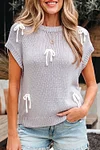 Women's Elegant Grey Bowknot Applique Cap Sleeve Crew Neck Sweater
