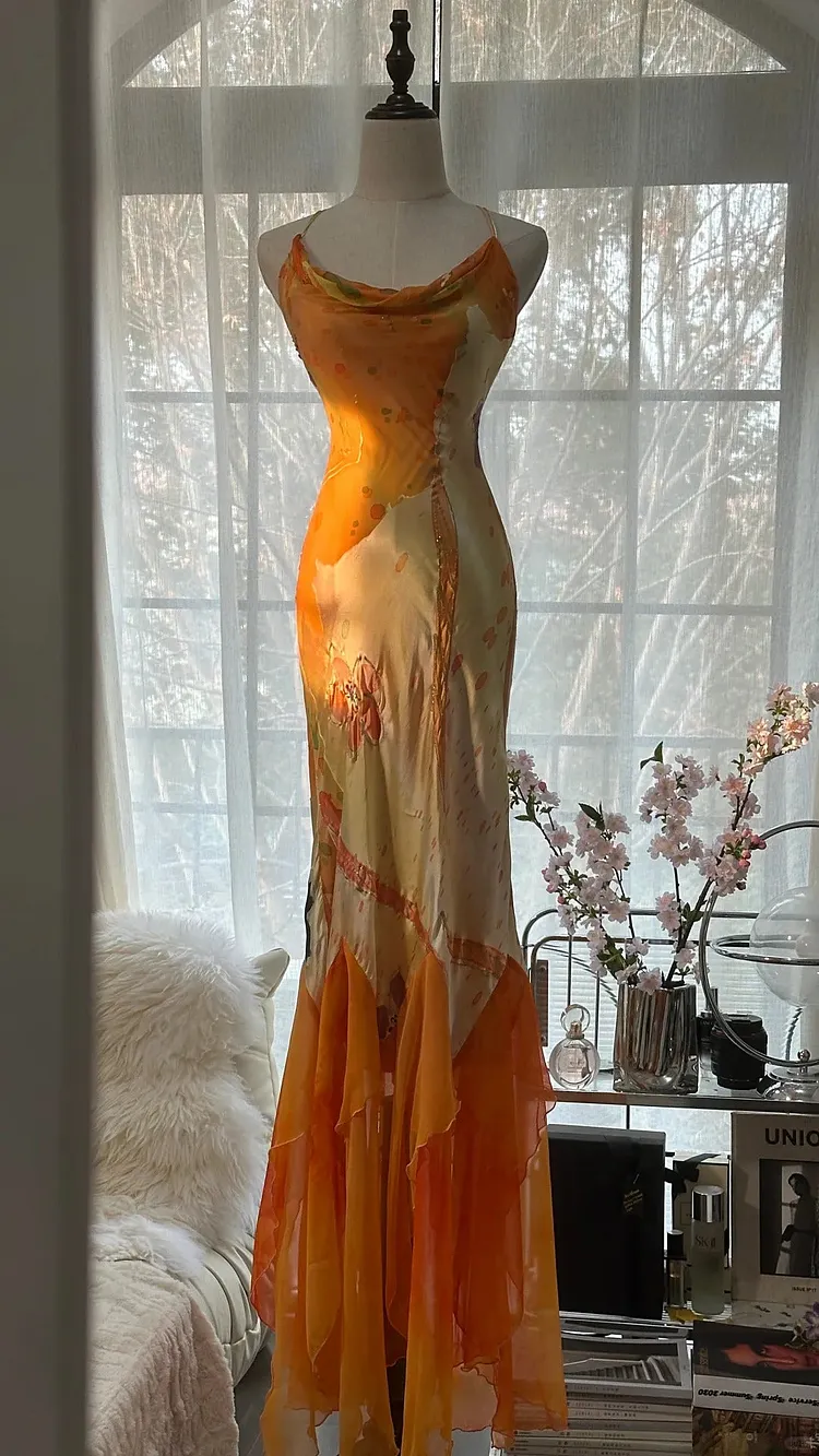 Orange Delicate Floral Spaetti Strap Long Satin Chiffon Ball Gown Evening Dress Party Dress