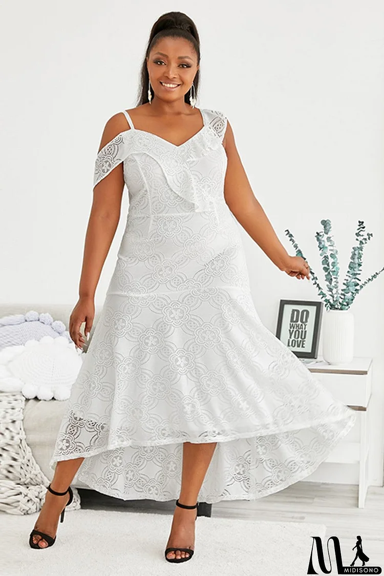 Asymmetric Ruffle Shoulder Design Plus Size Lace Dress