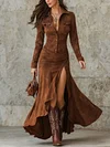 Retro Brown Irregular Ruffle Lapel Long Dress