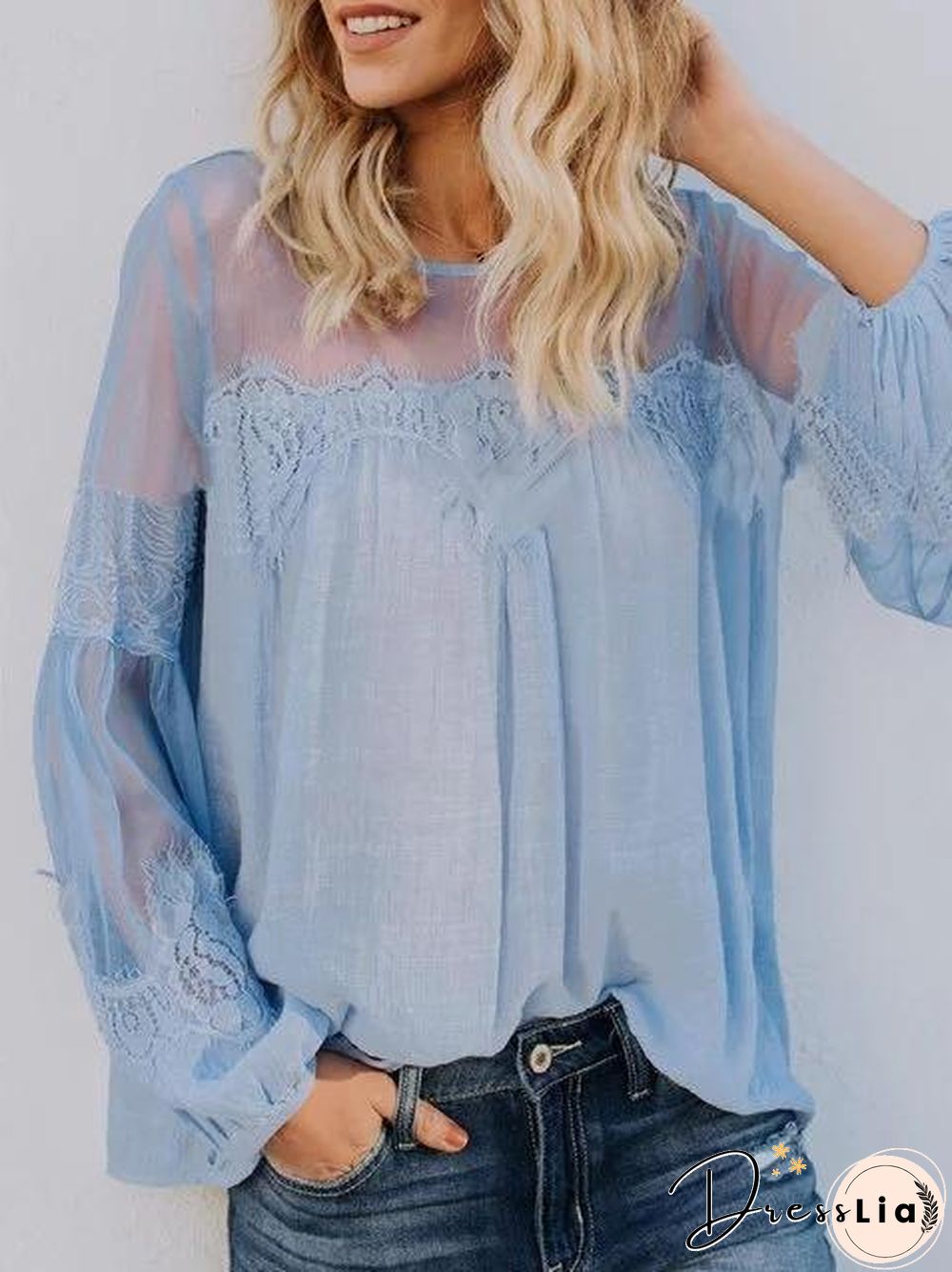 Lace Solid Long Sleeve Crew Neck Casual Blouse