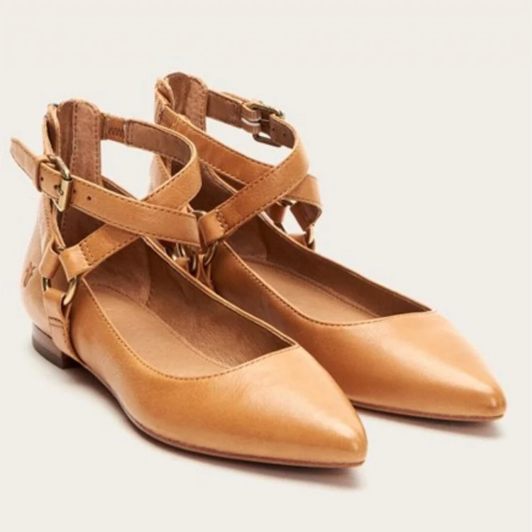Tan Leather Pointed-Toe Flats with Criss-Cross Straps Vdcoo
