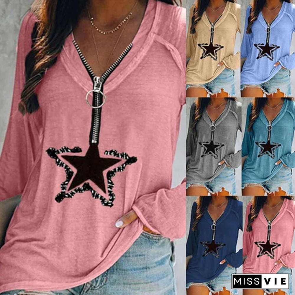 Women's T-shirt Summer Fashion Women's Five-pointed Star Printed Short Sleeve Zipper V-neck Casual T-shirt Loose Plus Size Soft and Comfortable Thin Shirt Top S-3XL