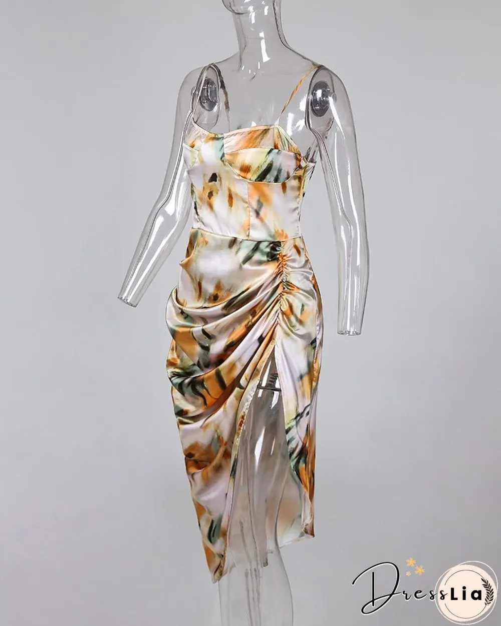 Abstract Print Spaghetti Strap High Slit Ruched Dress