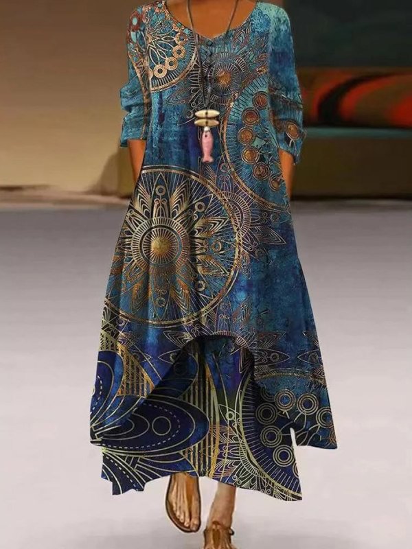 Vintage Tribal Casual Loose Print Long Sleeve Long Dress