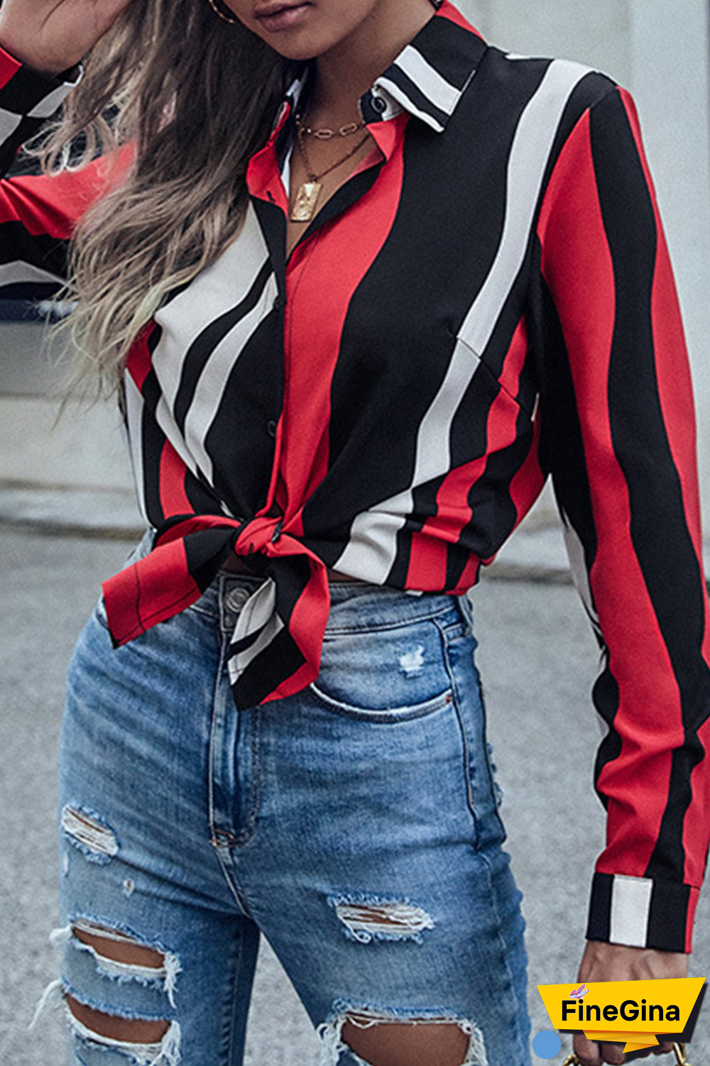 Casual Street Striped Split Joint Buckle Turndown Collar Tops