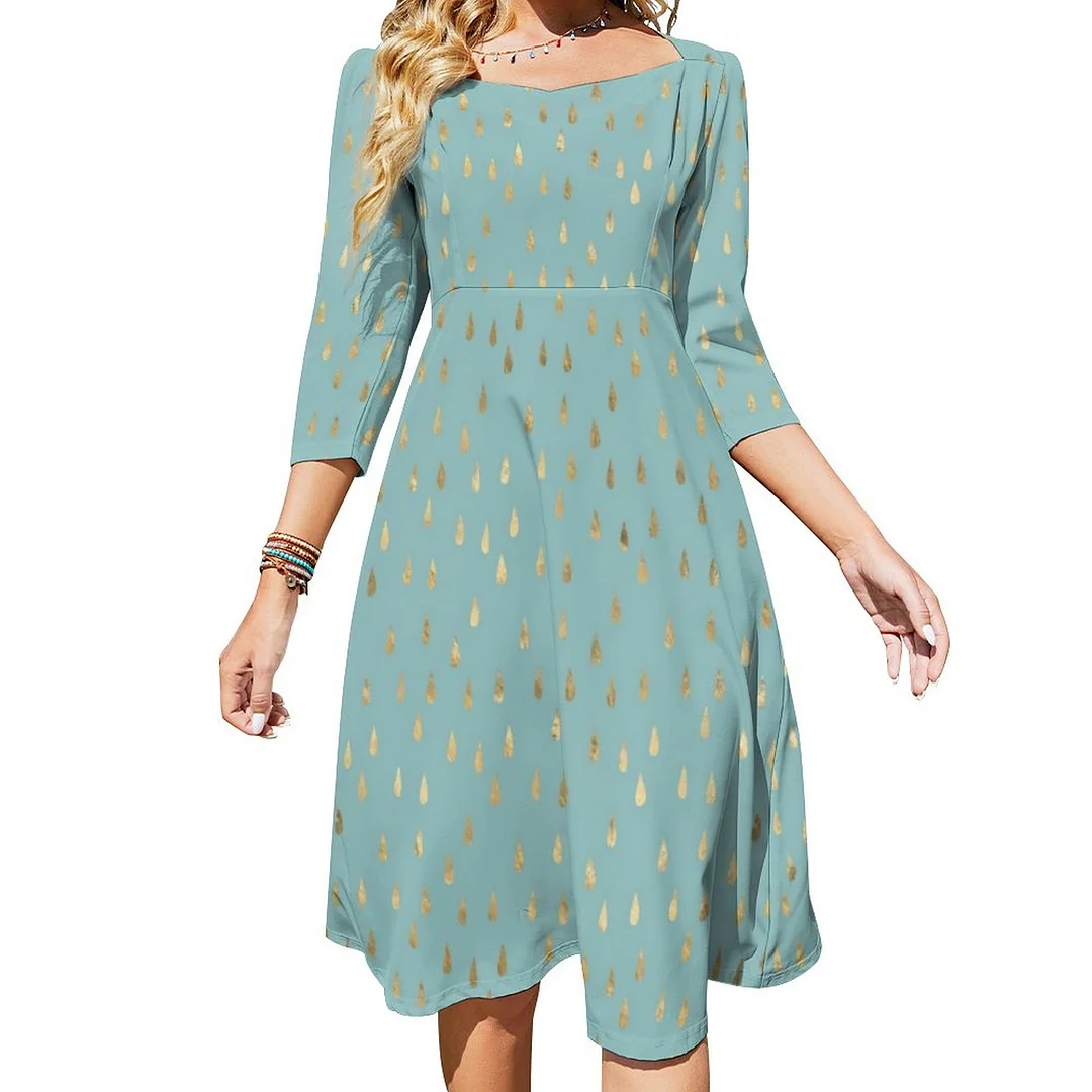 Light Blue Green Gold Raindrop Modern Trendy Yoga Dress Sweetheart Tie Back Flared 3/4 Sleeve Midi Dresses