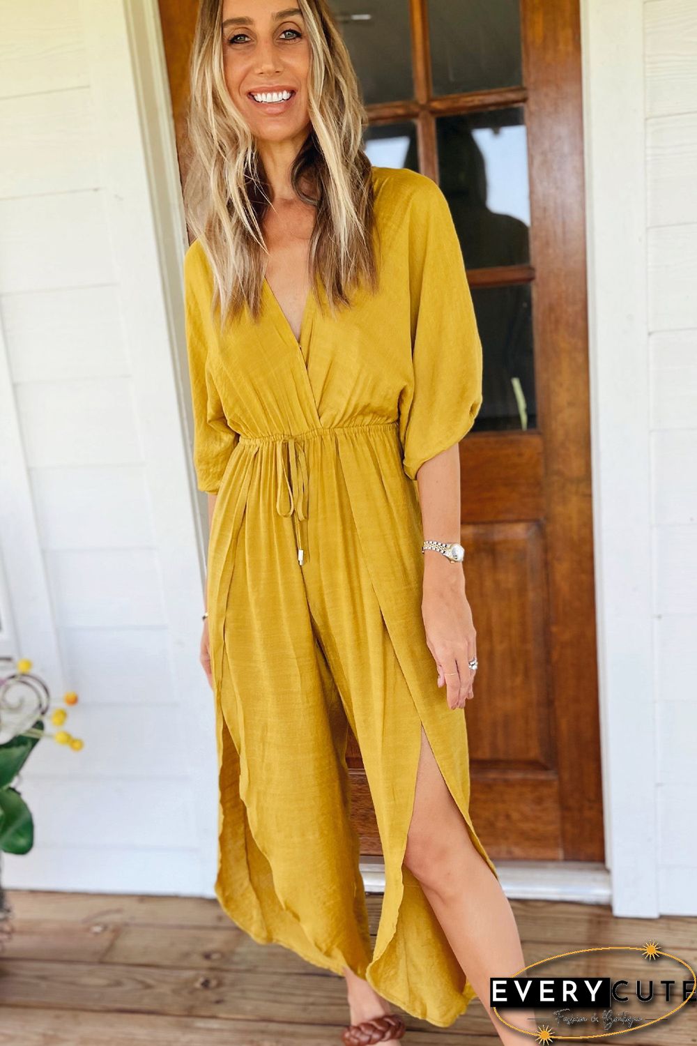 Yellow Surplice V Neck Half Sleeves Slit Leg Jumpsuit