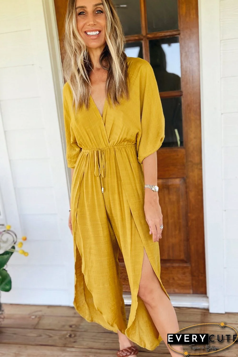 Yellow Surplice V Neck Half Sleeves Slit Leg Jumpsuit