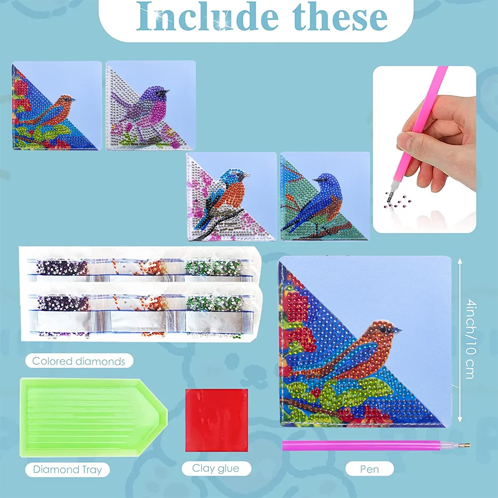 4pcs DIY Bird Diamond Art Bookmarks Art Craft 5D Leather Triangle Page Book Marks