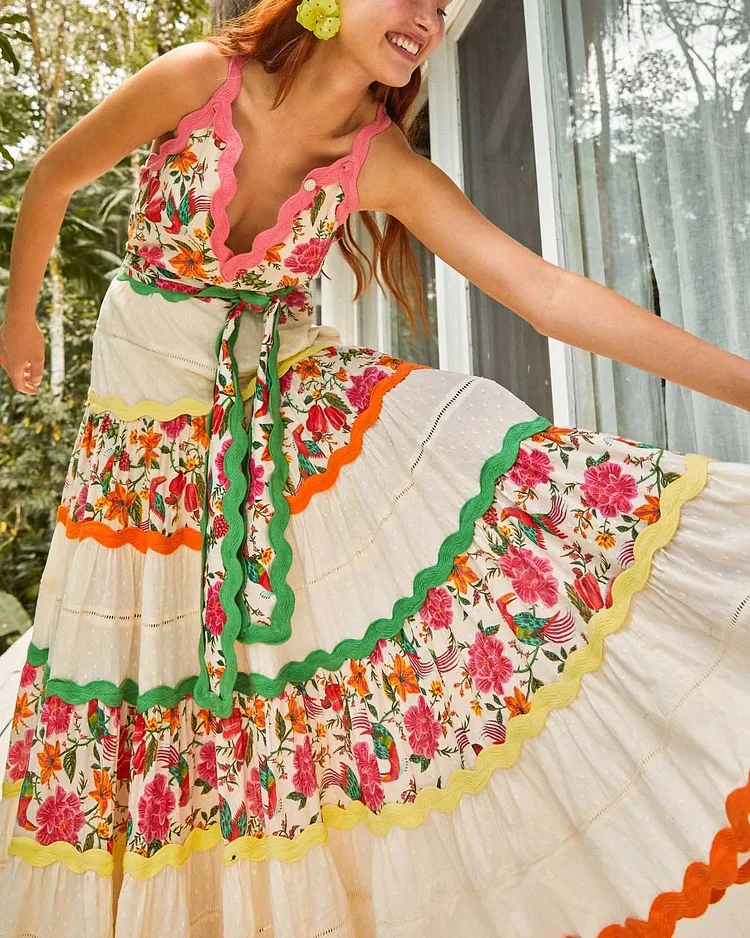 Strap lace print dress