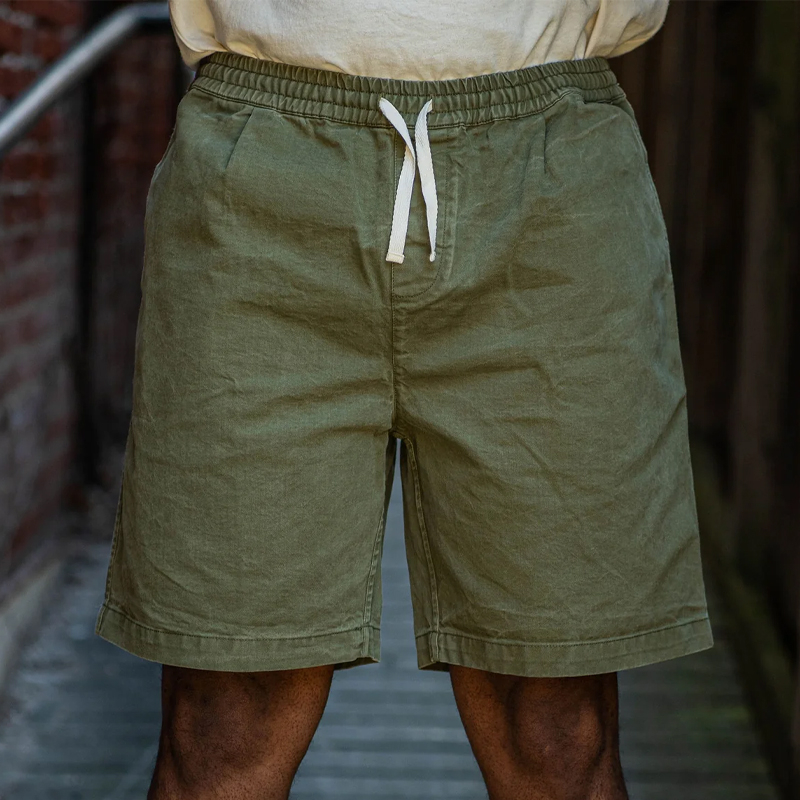 Vintage Casual Olive Twill Drawstring Shorts