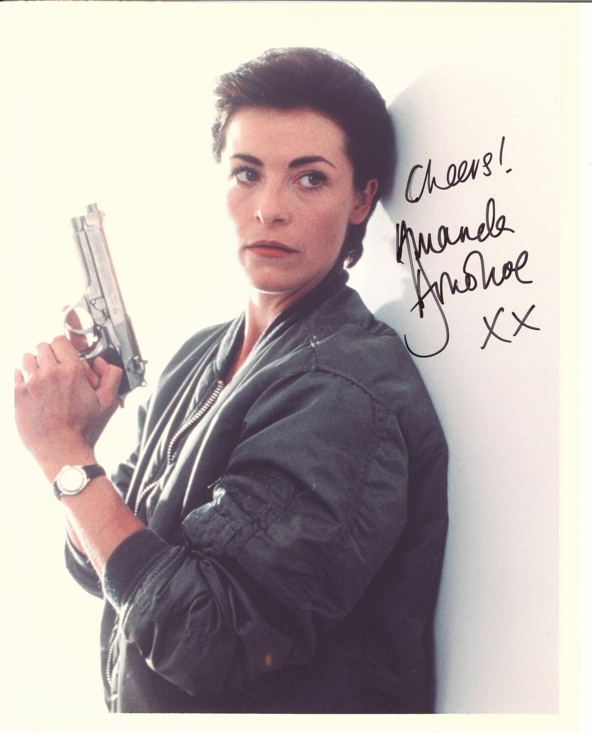 AMANDA DONOHOE WITH A GUN SIGNED Photo Poster painting AUTOGRAPHED W/COA 8X10