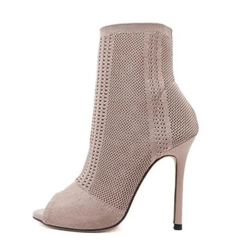 2020 Women Boots Knitted Ankle Woman Fashion High Thin Heel Women's Hollow Out Fashion Ladies Peep Toe Female Elegant Sock Shoes