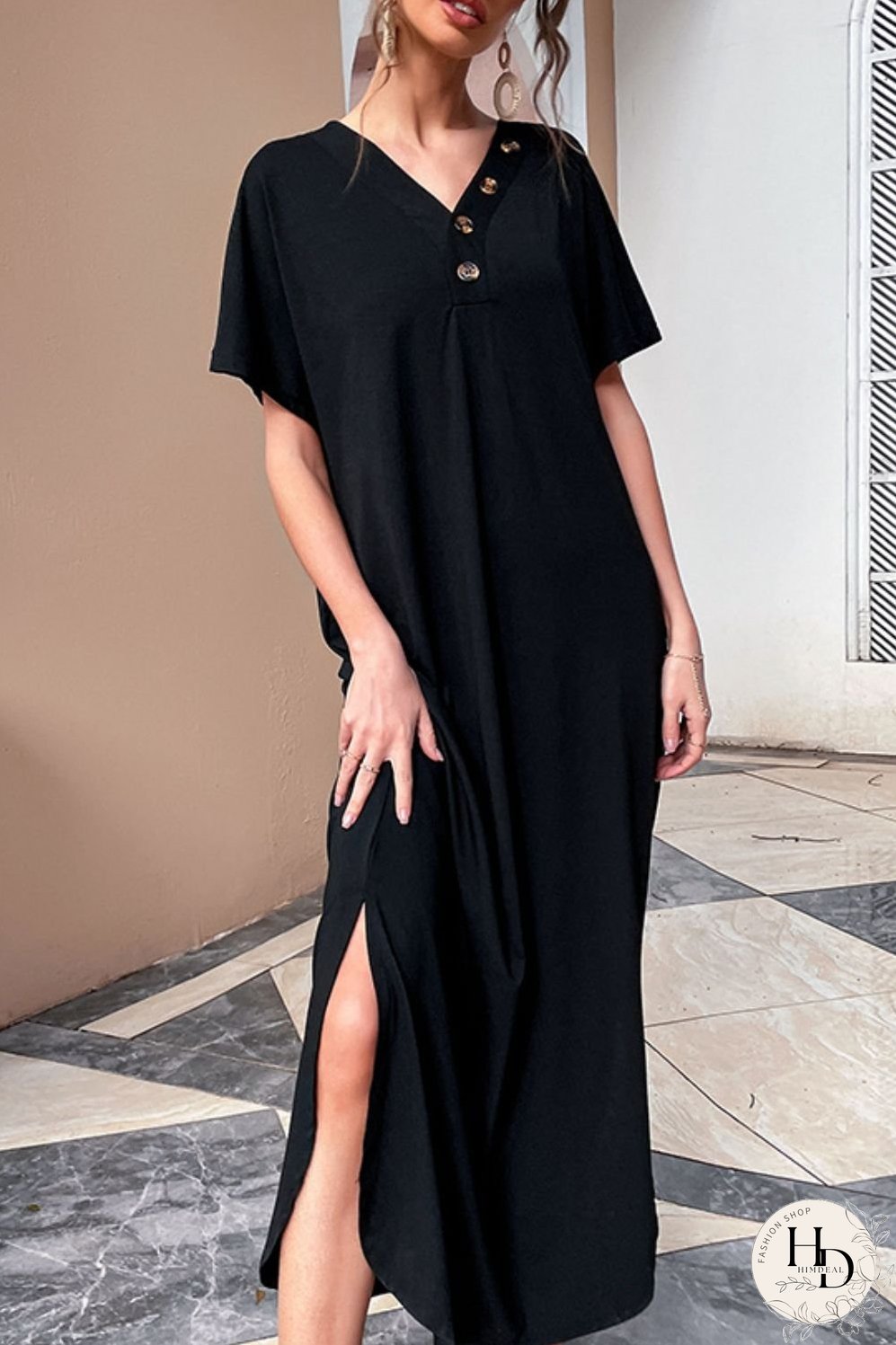 Decorative Button V-Neck Slit Maxi Dress