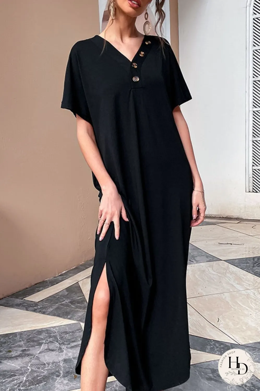 Decorative Button V-Neck Slit Maxi Dress