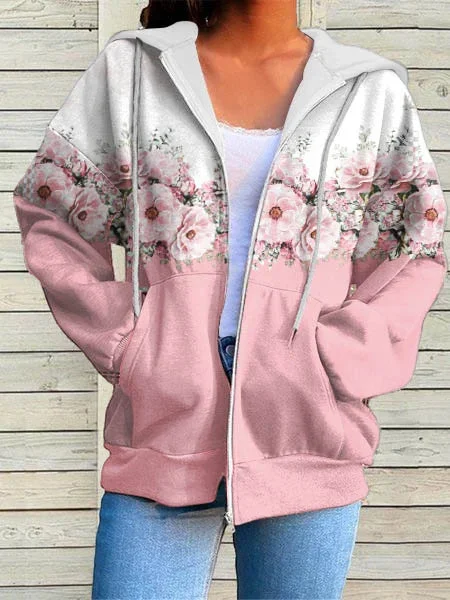 Women's Stitching Graphic Floral Printed V-Neck Long Sleeve Top