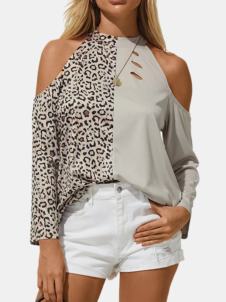 Women Leopard Print Patchwork Off Shoulder Long Sleeve Casual Blouse