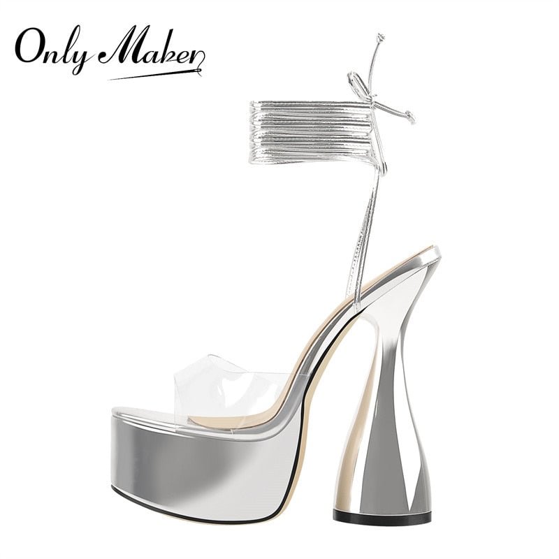 Onlymaker Women's Summer Platform Ankle Strap Spike Heels Sandals Silver Patent Leather PVC Female Big Size Sandals