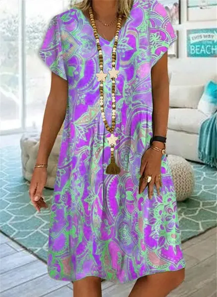 Summer New Fashion Womens Vintage Printed V-Neck Short Sleeve Casual Dress Loose Soft
