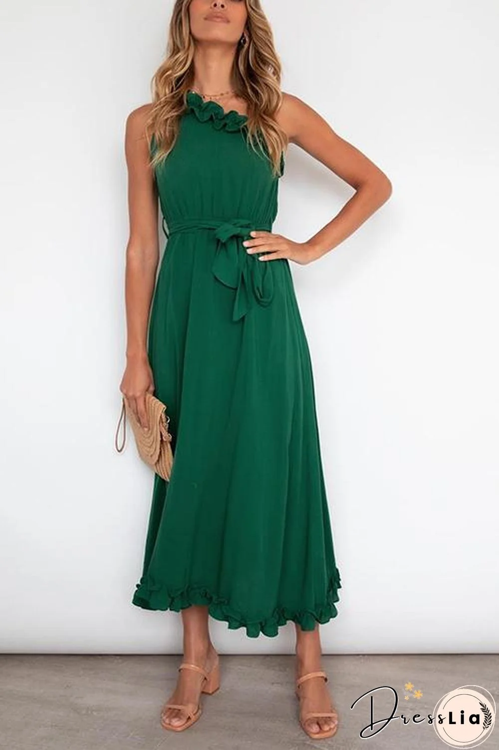 Ruffles One Shoulder Belted Maxi Dress