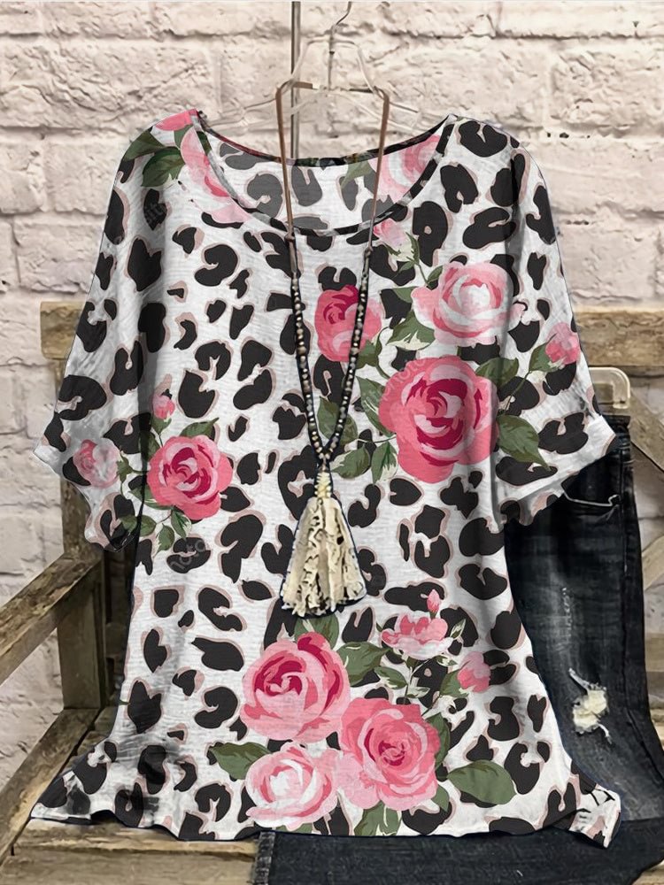 Women Half Sleeve Scoop Neck Graphic Leopard Printed Black Women Tops