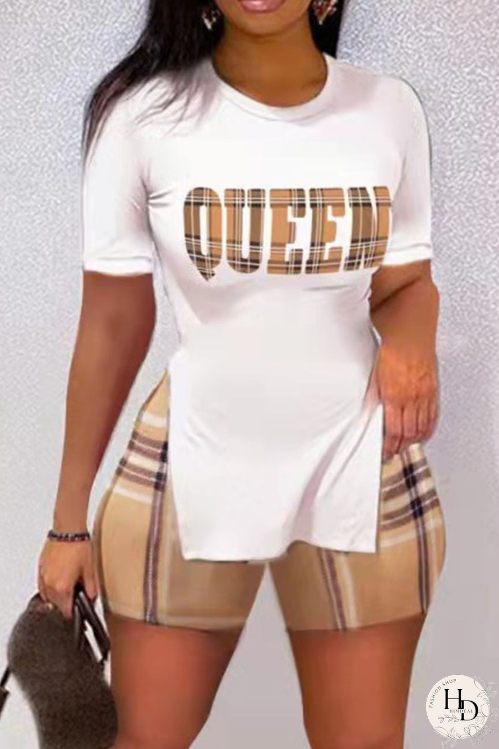 Brown Casual Print Patchwork Slit O Neck Short Sleeve Two Pieces