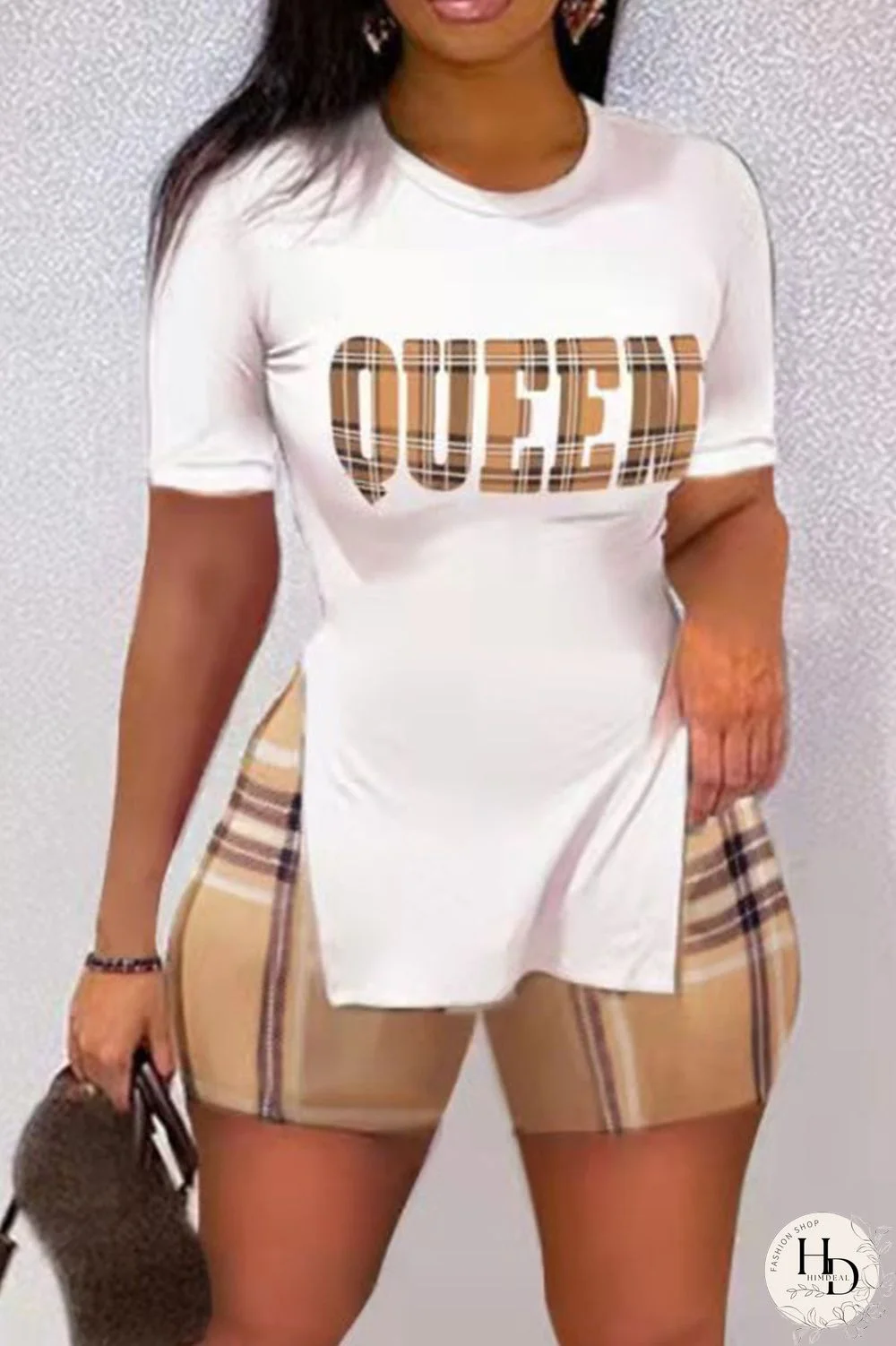 Brown Casual Print Patchwork Slit O Neck Short Sleeve Two Pieces