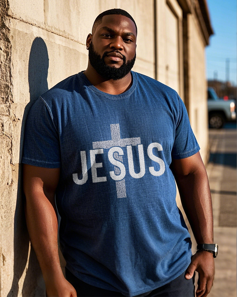 Big Men's Washed Denim JESU Simple Cross Printed Daily Casual Short Sleeve T-Shirt