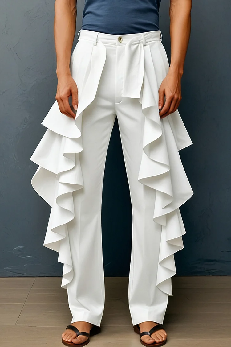 Men's Side Ruffle White Casual Straight Leg Pants [Pre-Order]