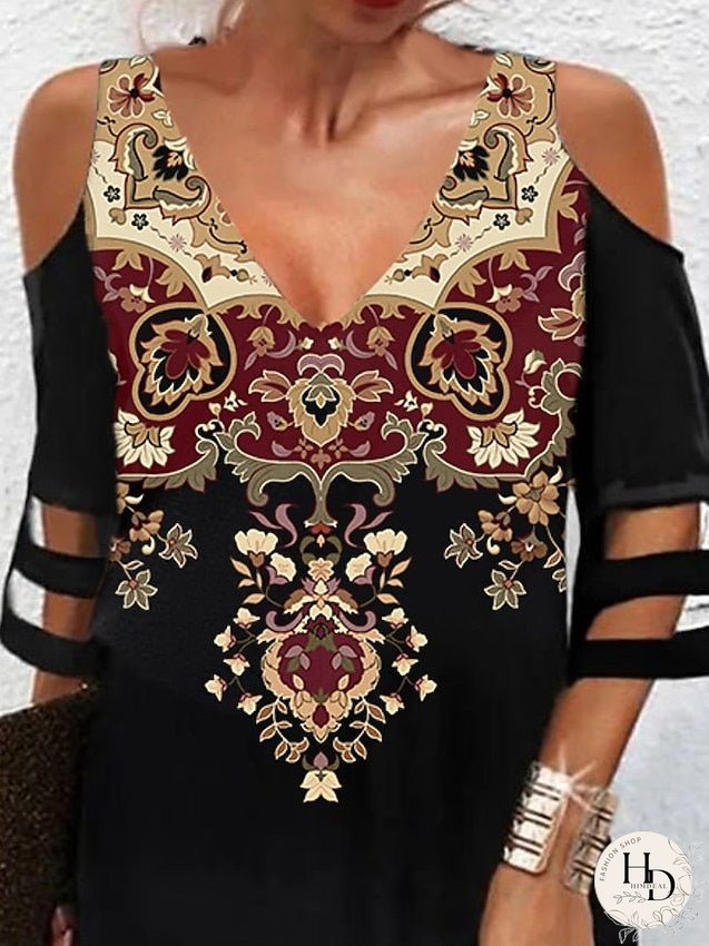 Casual Dress Mini Dress Black 3/4 Length Sleeve Print Mesh Summer Spring V Neck Stylish S M L XL 2XL 3XL 4XL for Women