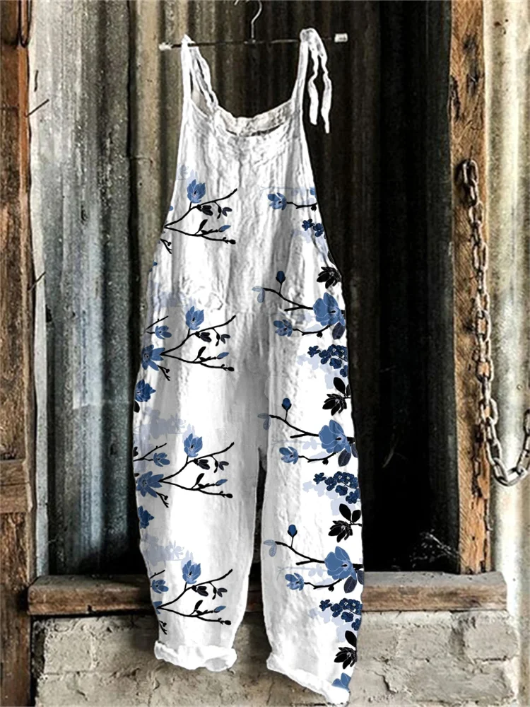 Blue Floral Print Cozy Cotton Linen Jumpsuit-mysite