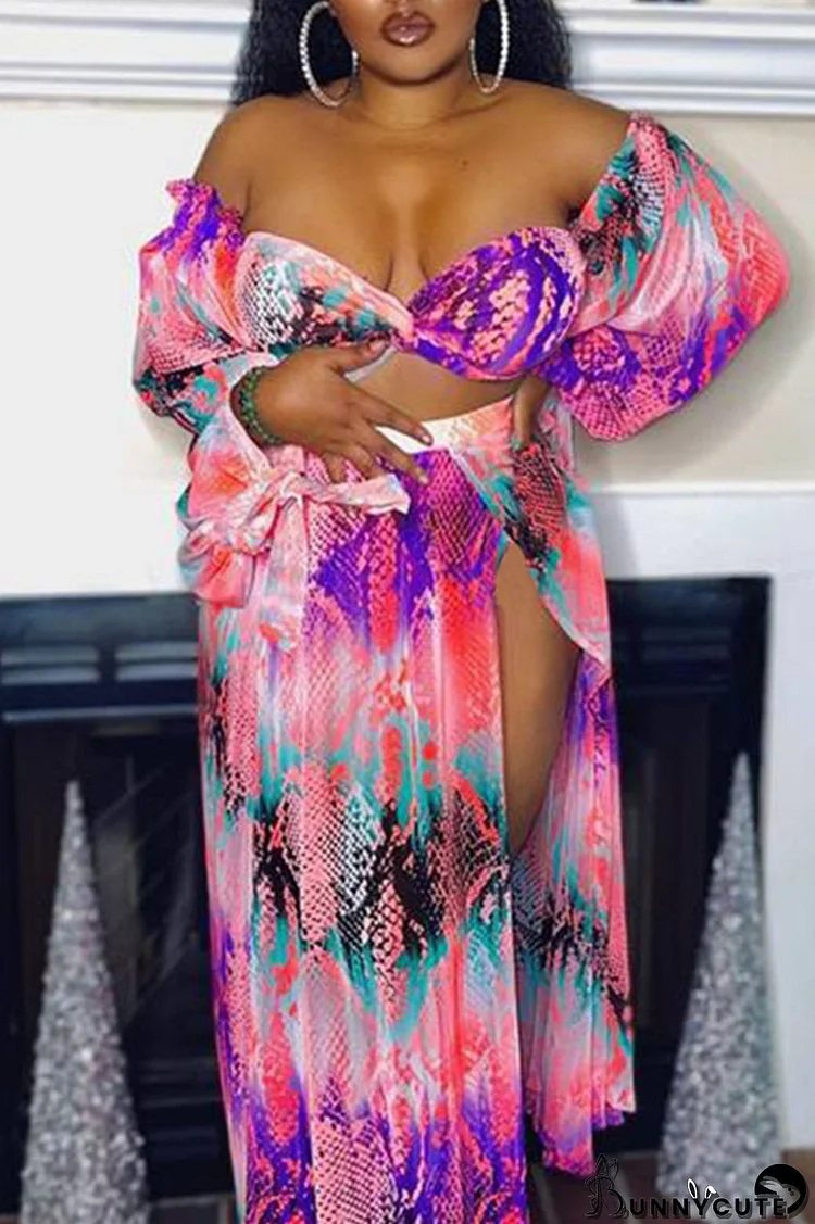 Pink Fashion Sexy Print Bandage Backless Slit Off the Shoulder Plus Size Two Pieces