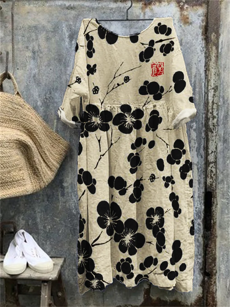 VChics Cherry Blossom Japanese Lino Art Oversize Maxi Dress