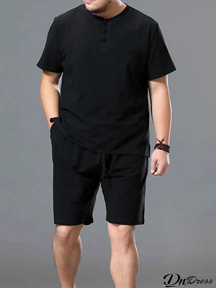 Plus Size Plain Button Up T-Shirt+Shorts Sets