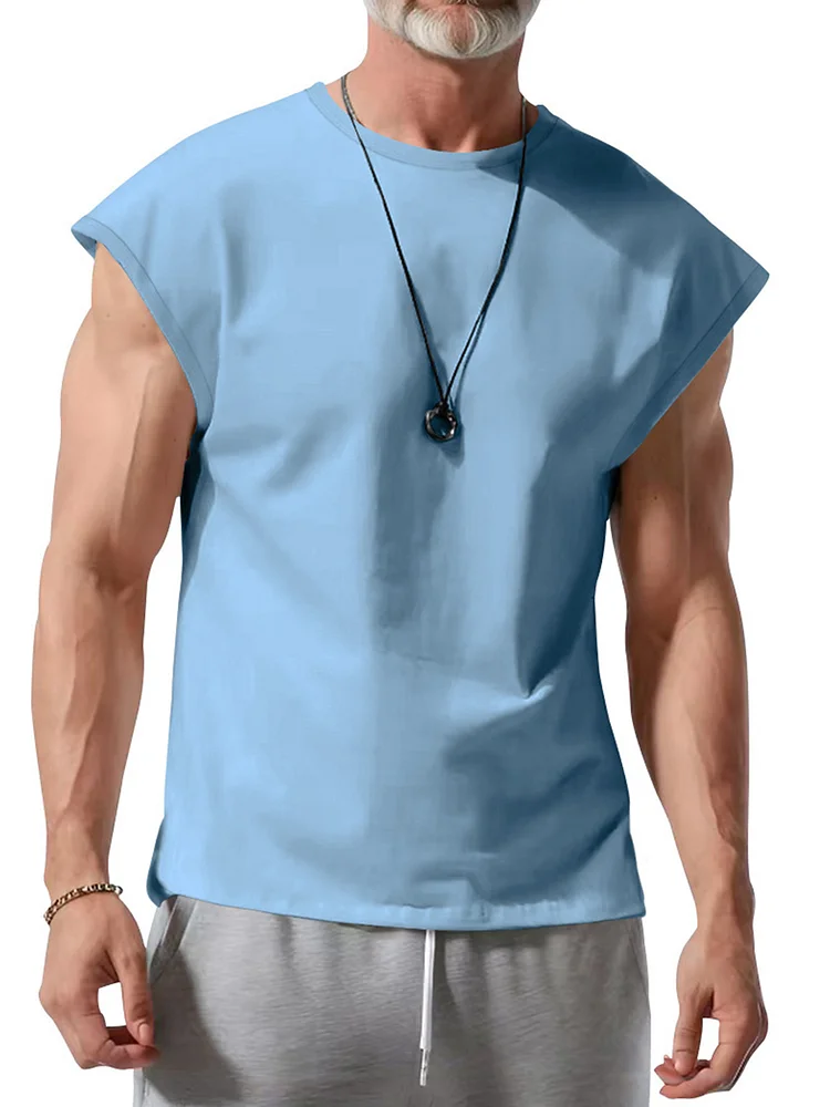 Men's Summer Round Neck 100% Cotton Casual Solid Color Sleeveless Vest