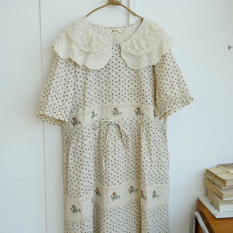 Queenfunky cottagecore style Short Sleeved Vintage Print Dress QueenFunky