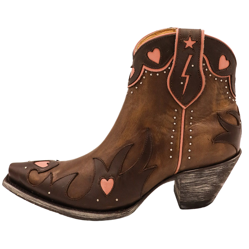 Brown & Pink Snip Toe Heart Inlay Short Cowgirl Boots with Studs