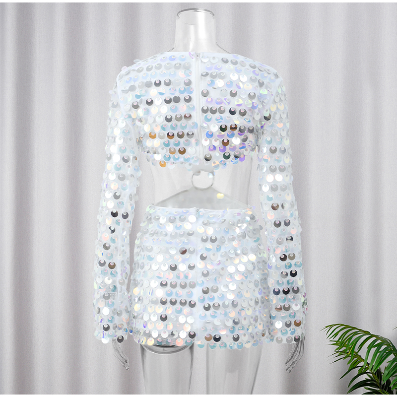 Women Fashion Glitter Sequins Hollow Out Mini Dress Elegant Round Neck Long Sleeves Short Dresses 2025 Female Chic Party Outfit